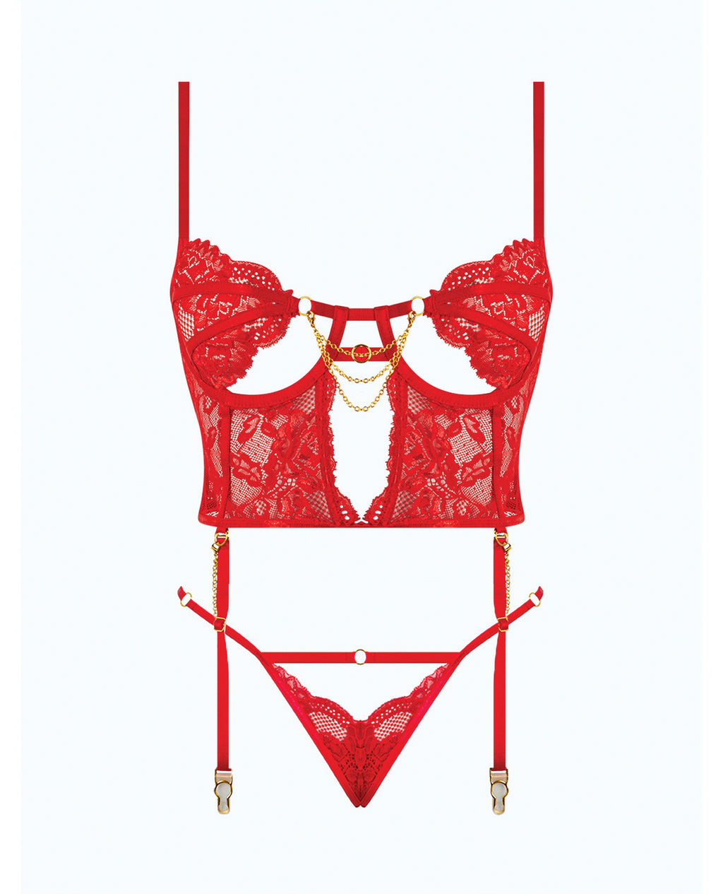 Cecily Lace & Mesh Bustier w/Thong & Garter Straps - Red LG