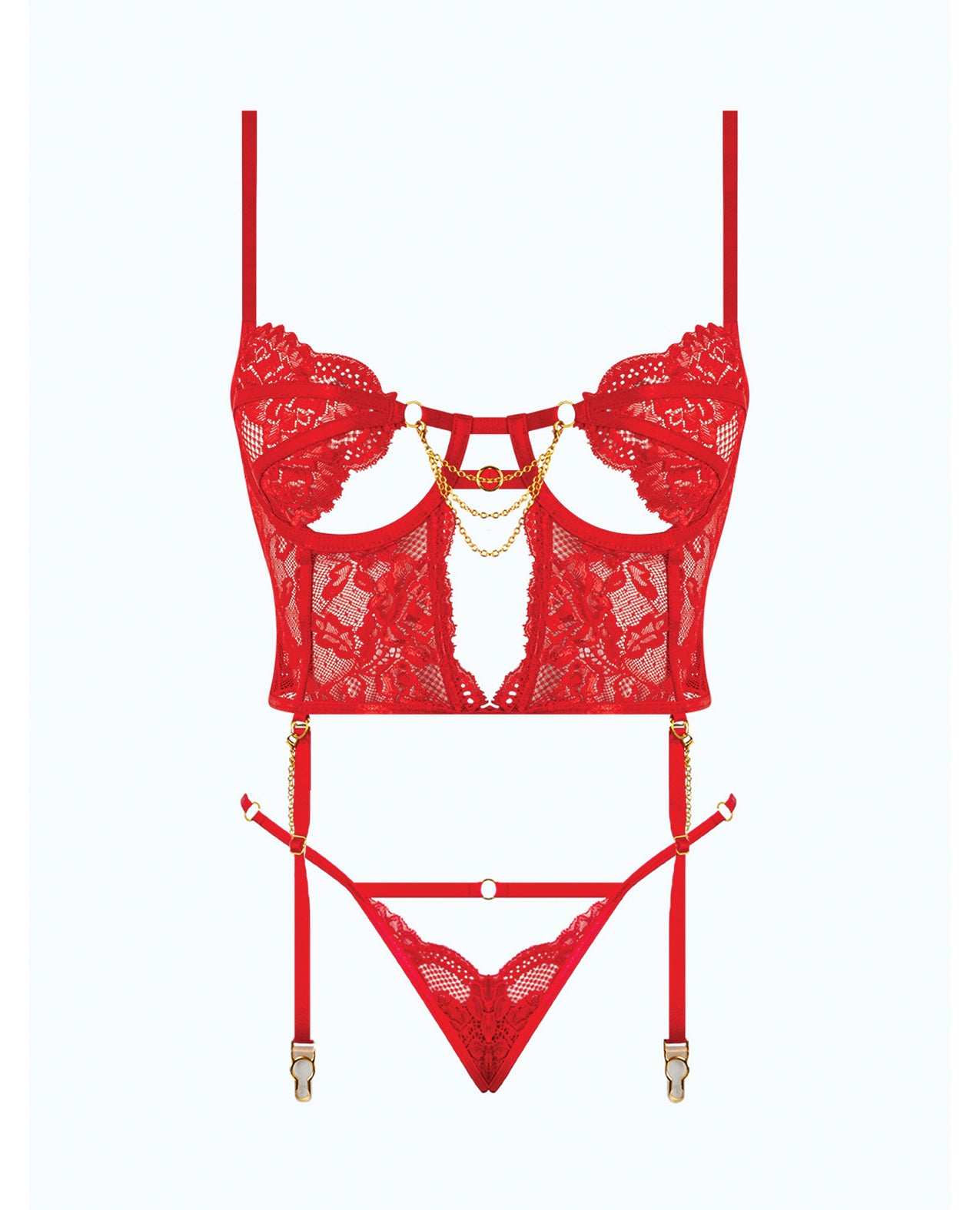 Cecily Lace & Mesh Bustier w/Thong & Garter Straps - Red LG