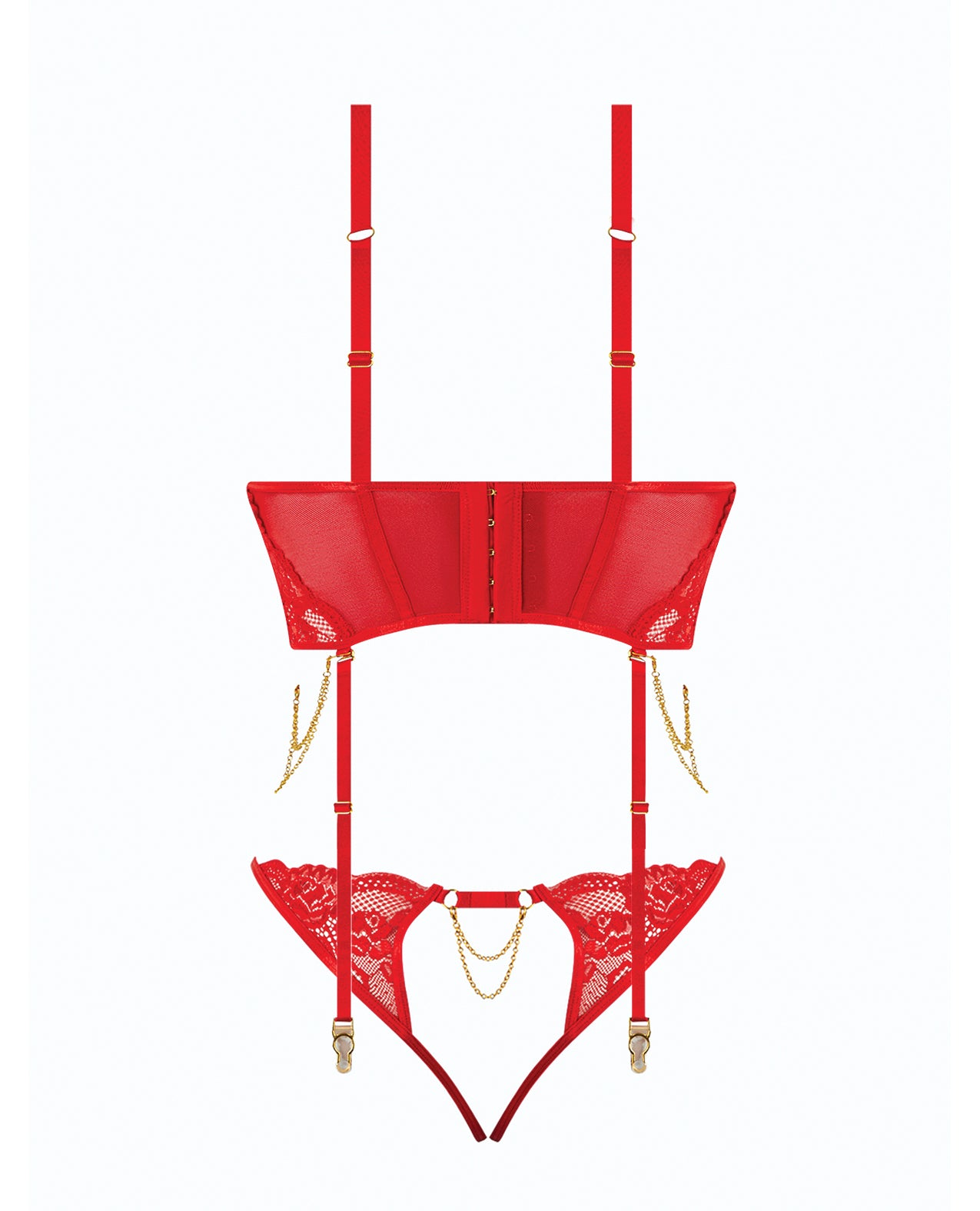 Cecily Lace & Mesh Bustier w/Thong & Garter Straps - Red LG