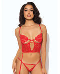 Cecily Lace & Mesh Bustier w/Thong & Garter Straps - Red XL