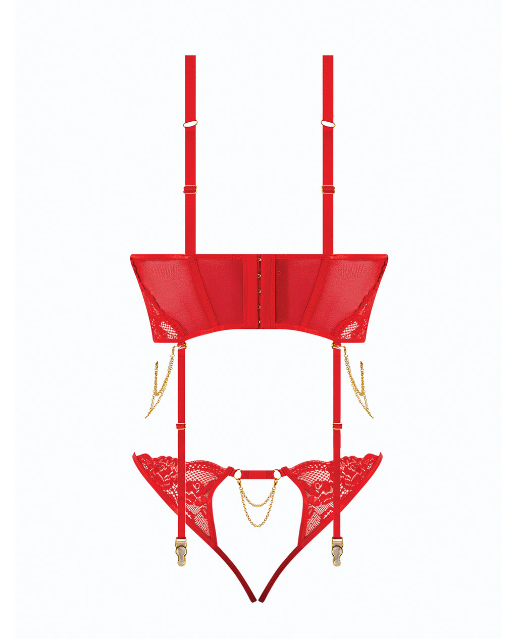 Cecily Lace & Mesh Bustier w/Thong & Garter Straps - Red 3X/4X