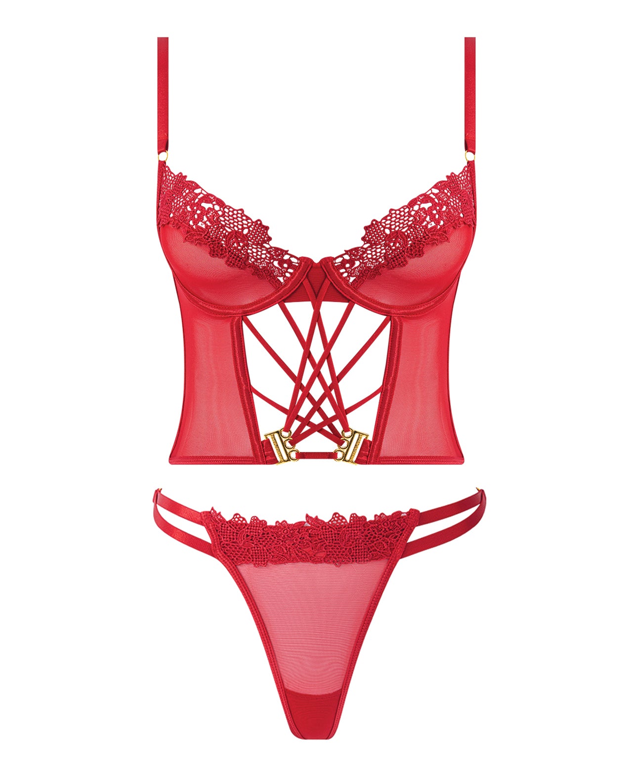 Ashley Alexiss Bustier w/Front Lace Up Ribbon Details & Matching High Cut Thong - Red 1X/2X