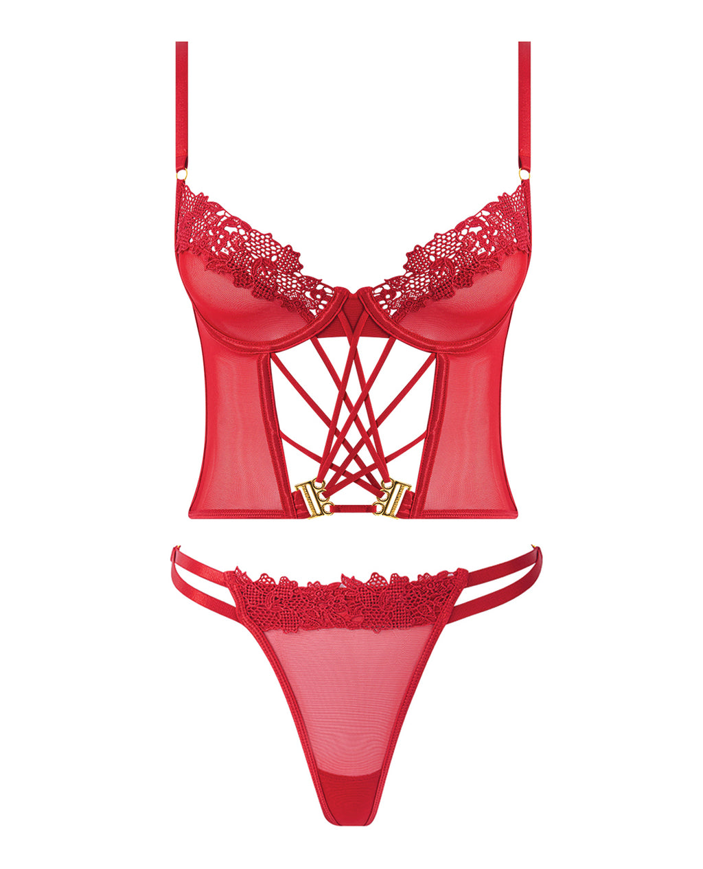 Ashley Alexiss Bustier w/Front Lace Up Ribbon Details & Matching High Cut Thong - Red 3X/4X