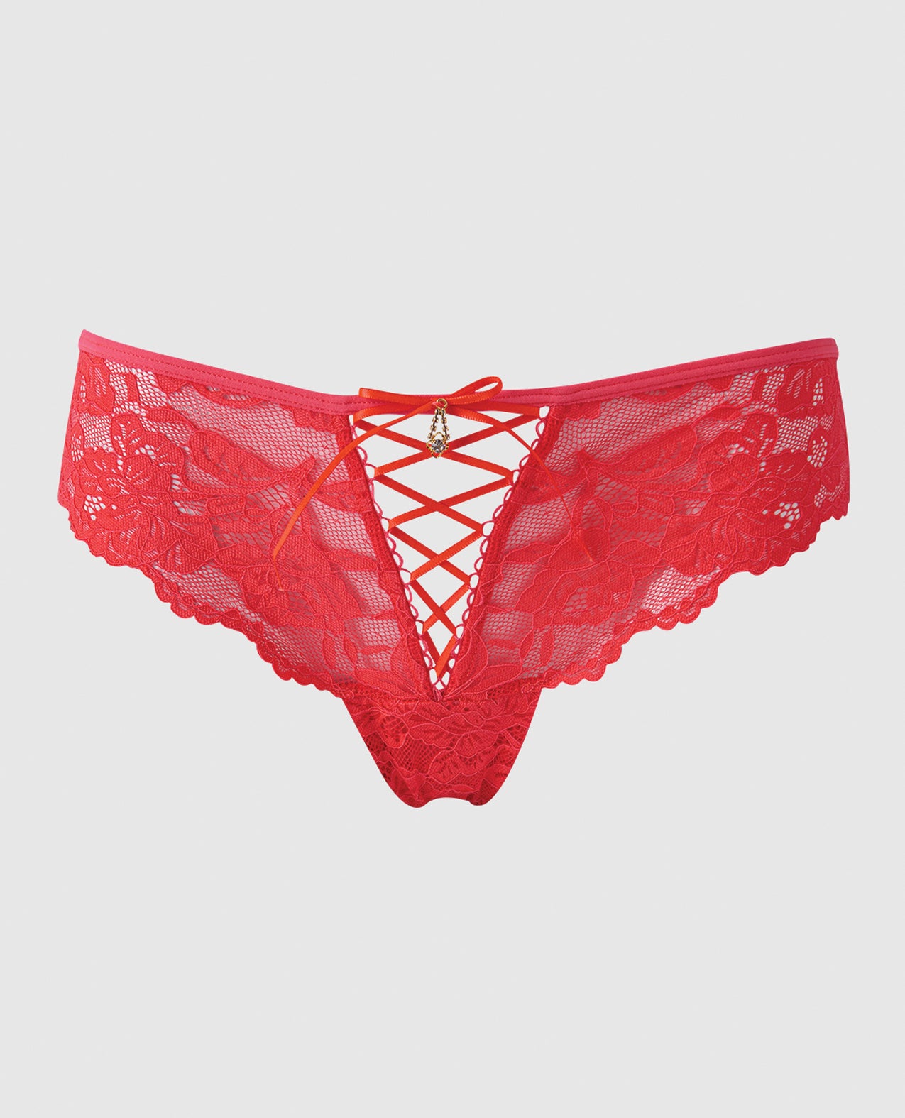 Bella Lace Up Tanga Panty w/Jewel Detail - Coral 1X/2X