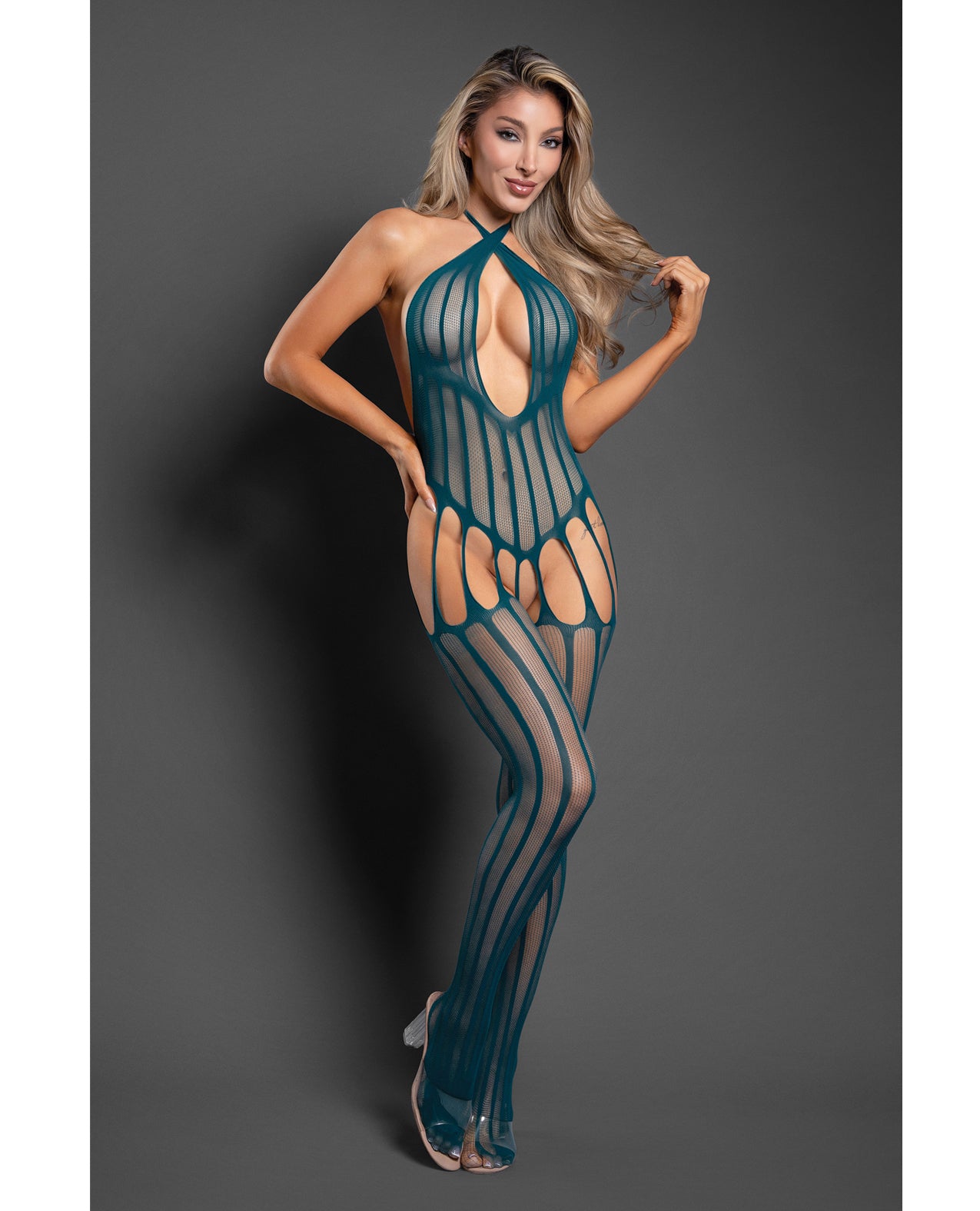 Sheer Unravel Me Crotchless Halter Body Stocking - Teal O/S